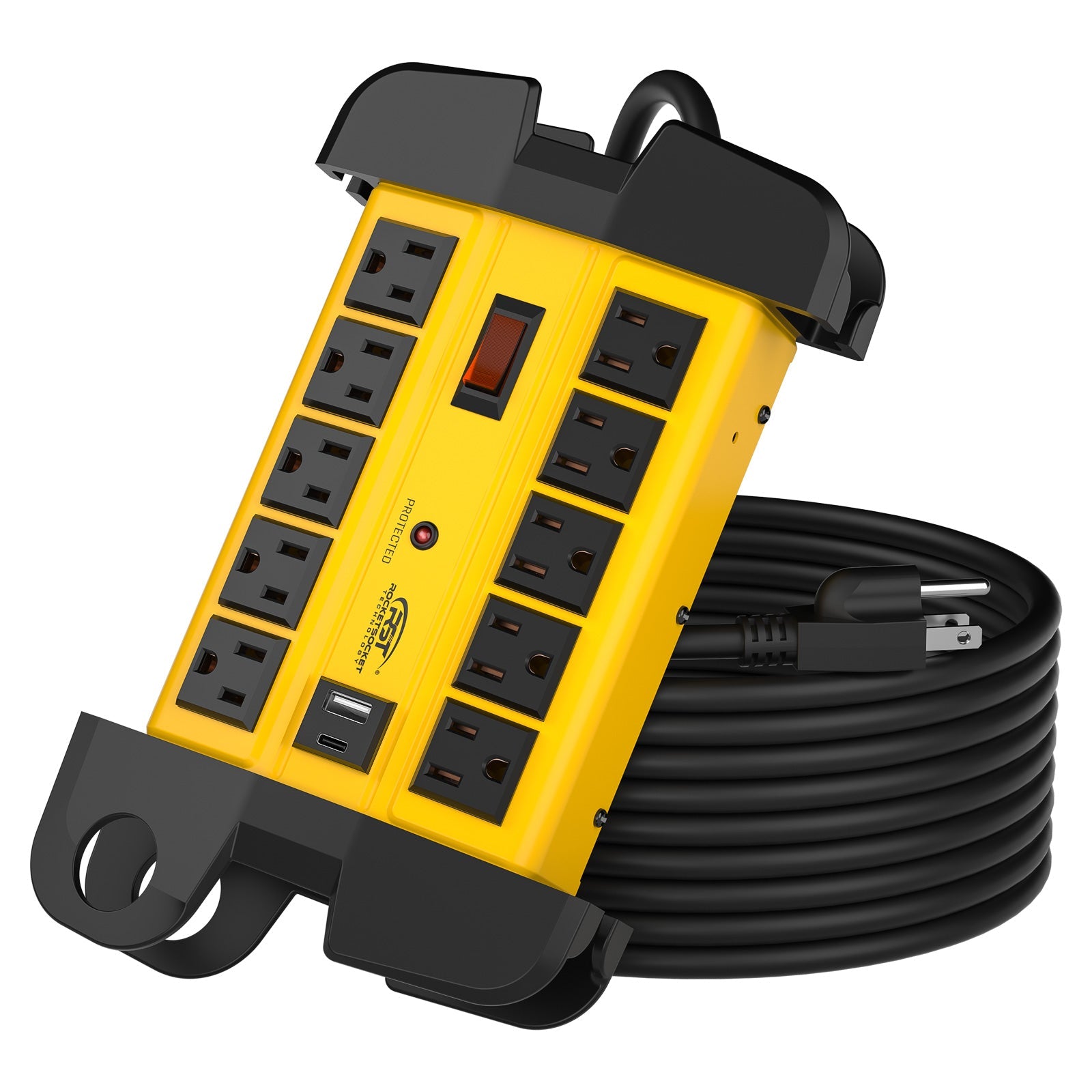 CRST 10-Outlet Wide-Spaced Metal Surge Protector Power Strip with Cord Wrap - 2800J, USB-C & USB-A, Wall Mount, 15ft Cord