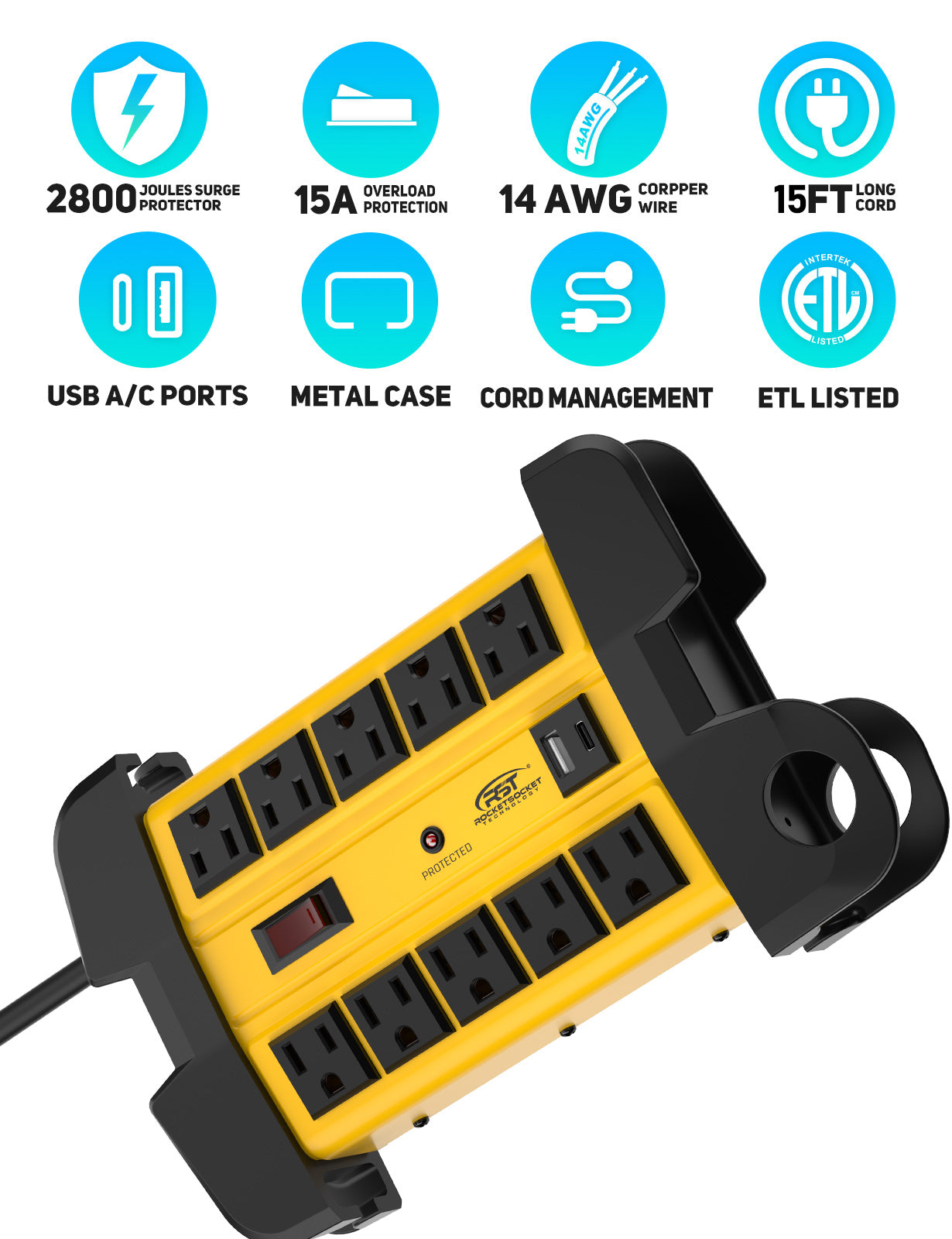 CRST 10-Outlet Wide-Spaced Metal Surge Protector Power Strip with Cord Wrap - 2800J, USB-C & USB-A, Wall Mount, 15ft Cord