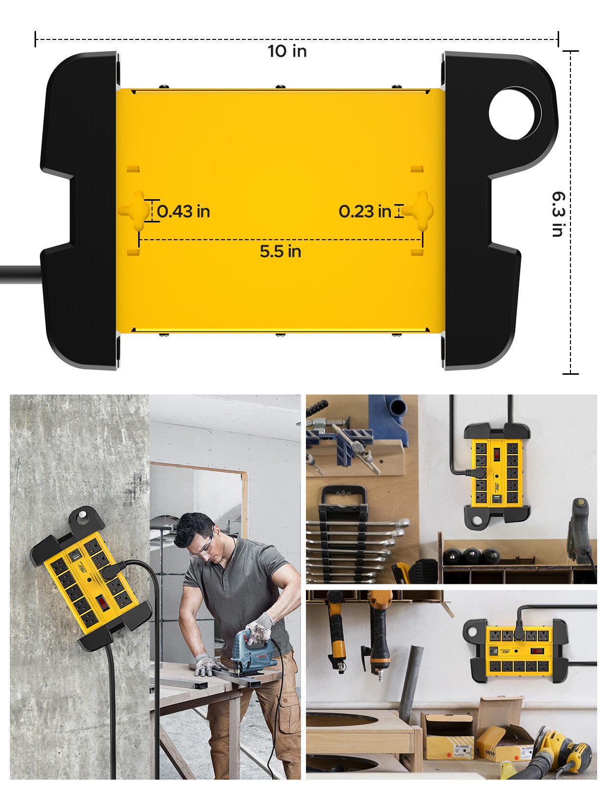 CRST 10-Outlet Wide-Spaced Metal Surge Protector Power Strip with Cord Wrap - 2800J, USB-C & USB-A, Wall Mount, 15ft Cord