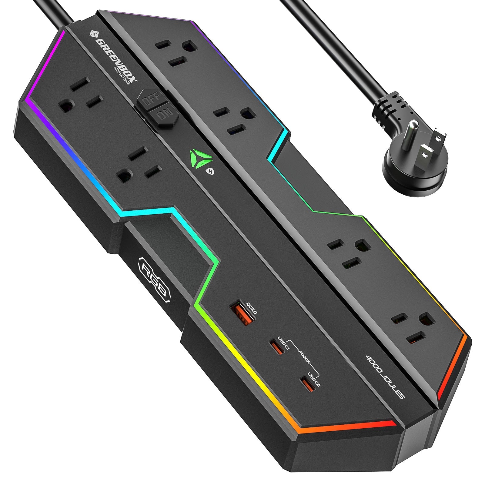 4000J Gaming Power Strip Surge Protector - 20W PD USB-C Fast Charge, 6 Wide-Spaced Outlets, RGB Lighting, 6ft Cord