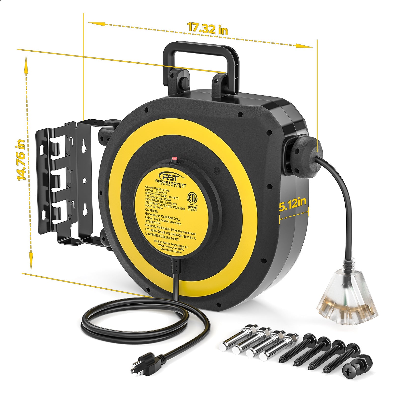 CRST 50ft Retractable Extension Cord Reel - 14AWG Heavy Duty, Lighted 3-Outlet Tap, 180° Swivel Mount, UL Listed