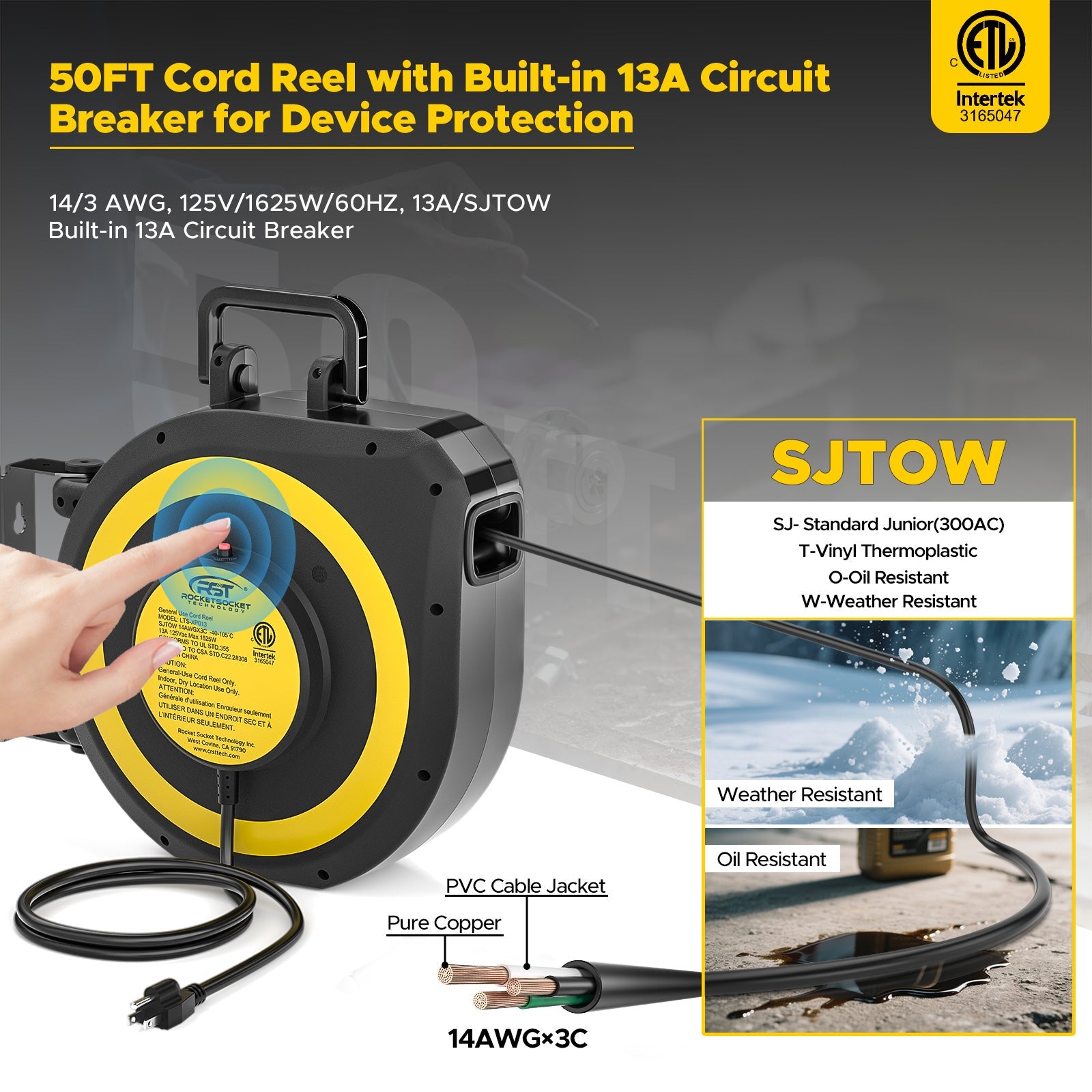 CRST 50ft Retractable Extension Cord Reel - 14AWG Heavy Duty, Lighted 3-Outlet Tap, 180° Swivel Mount, UL Listed