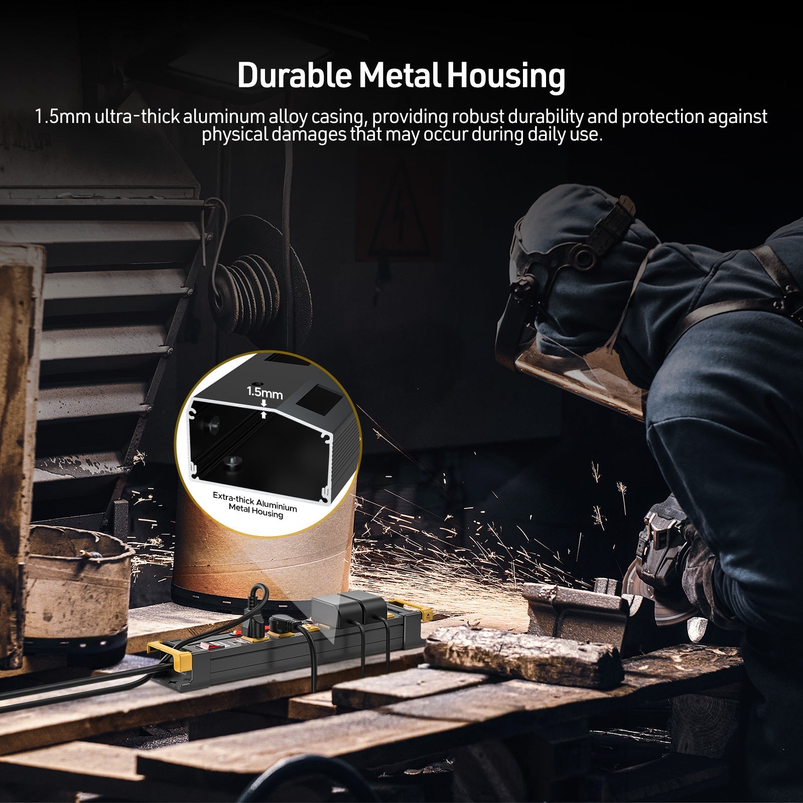 CRST 6-Outlet Metal Power Strip Surge Protector with Individual Switches, 1020 Joules, 6ft Heavy Duty 14AWG Cord, Dual Adjustable Cord Managers, Wall Mountable Power Bar for Workshop Garage Home Office