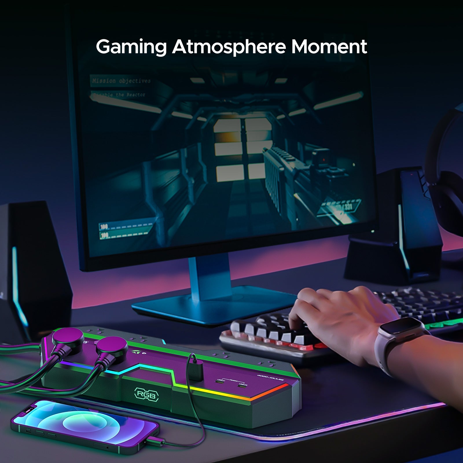 4000J Gaming Power Strip Surge Protector - 20W PD USB-C Fast Charge, 6 Wide-Spaced Outlets, RGB Lighting, 6ft Cord