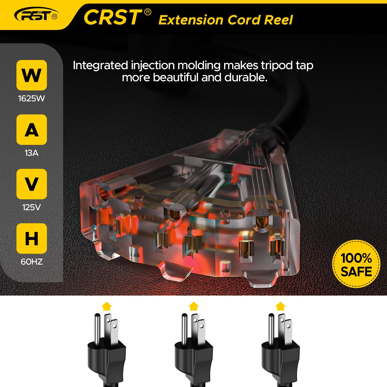 CRST 50ft Retractable Extension Cord Reel - 14AWG Heavy Duty, Lighted 3-Outlet Tap, 180° Swivel Mount, UL Listed