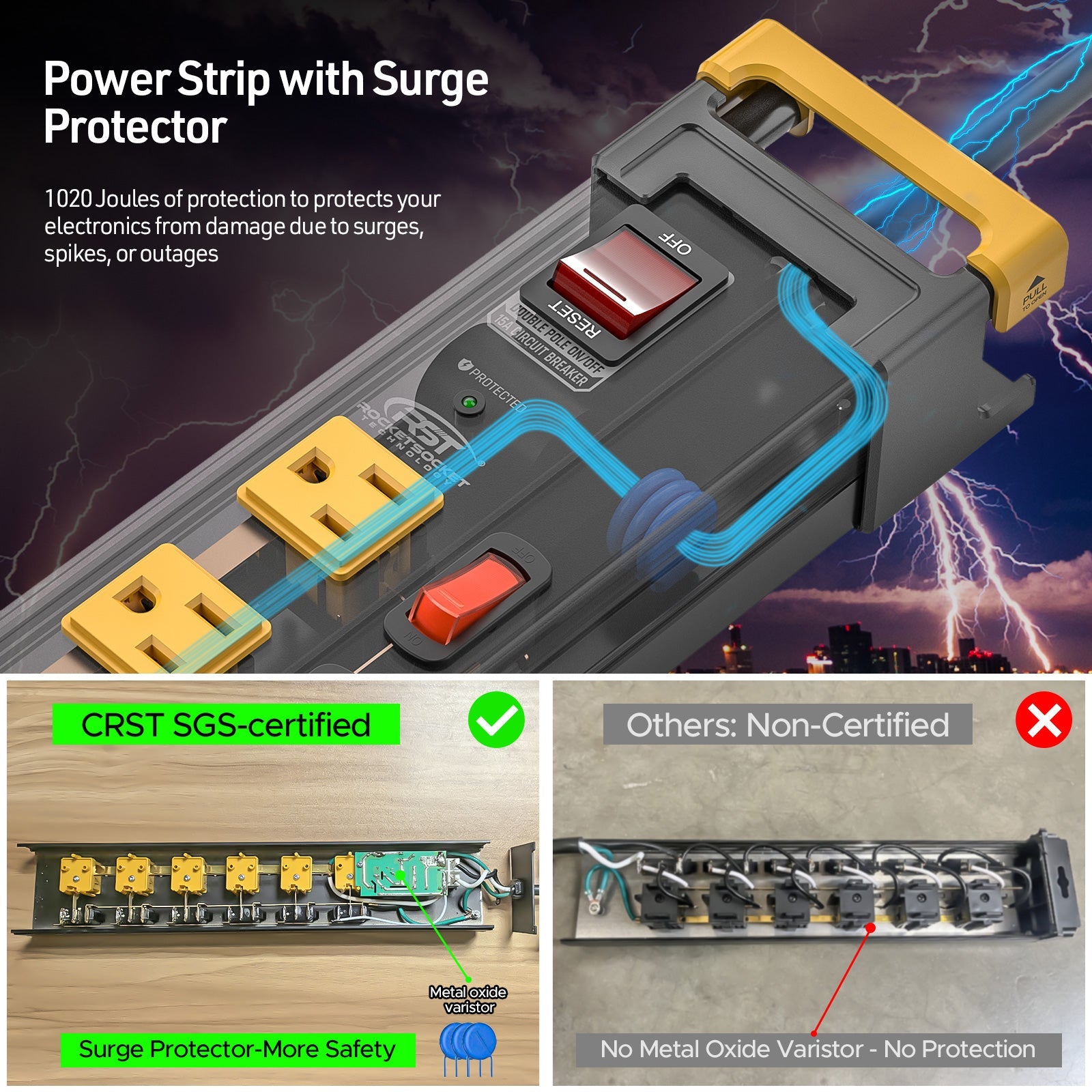 CRST 6-Outlet Metal Power Strip Surge Protector with Individual Switches, 1020 Joules, 6ft Heavy Duty 14AWG Cord, Dual Adjustable Cord Managers, Wall Mountable Power Bar for Workshop Garage Home Office