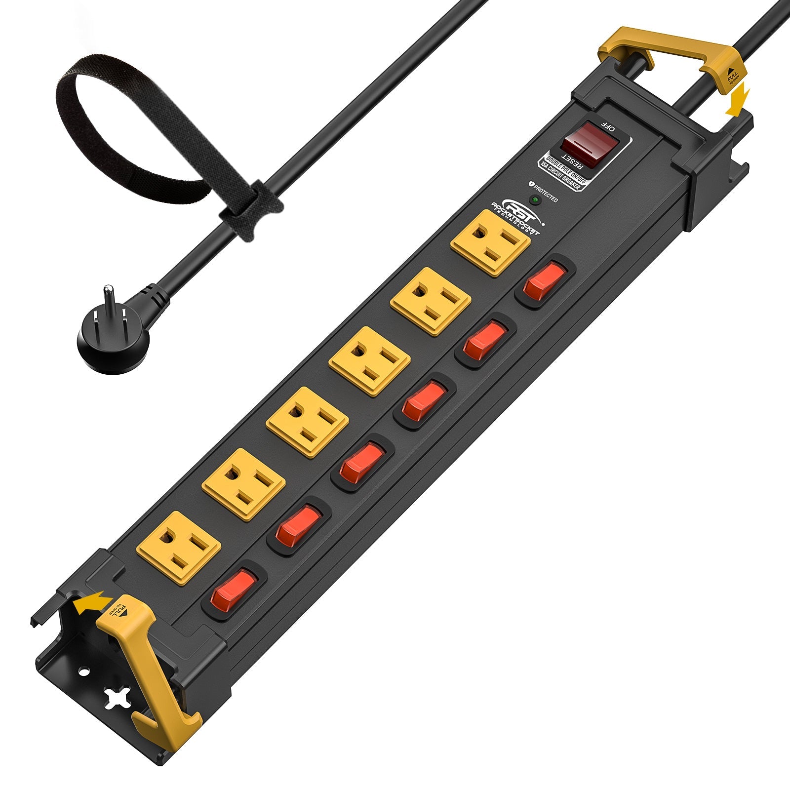 CRST 6-Outlet Metal Power Strip Surge Protector with Individual Switches, 1020 Joules, 6ft Heavy Duty 14AWG Cord, Dual Adjustable Cord Managers, Wall Mountable Power Bar for Workshop Garage Home Office