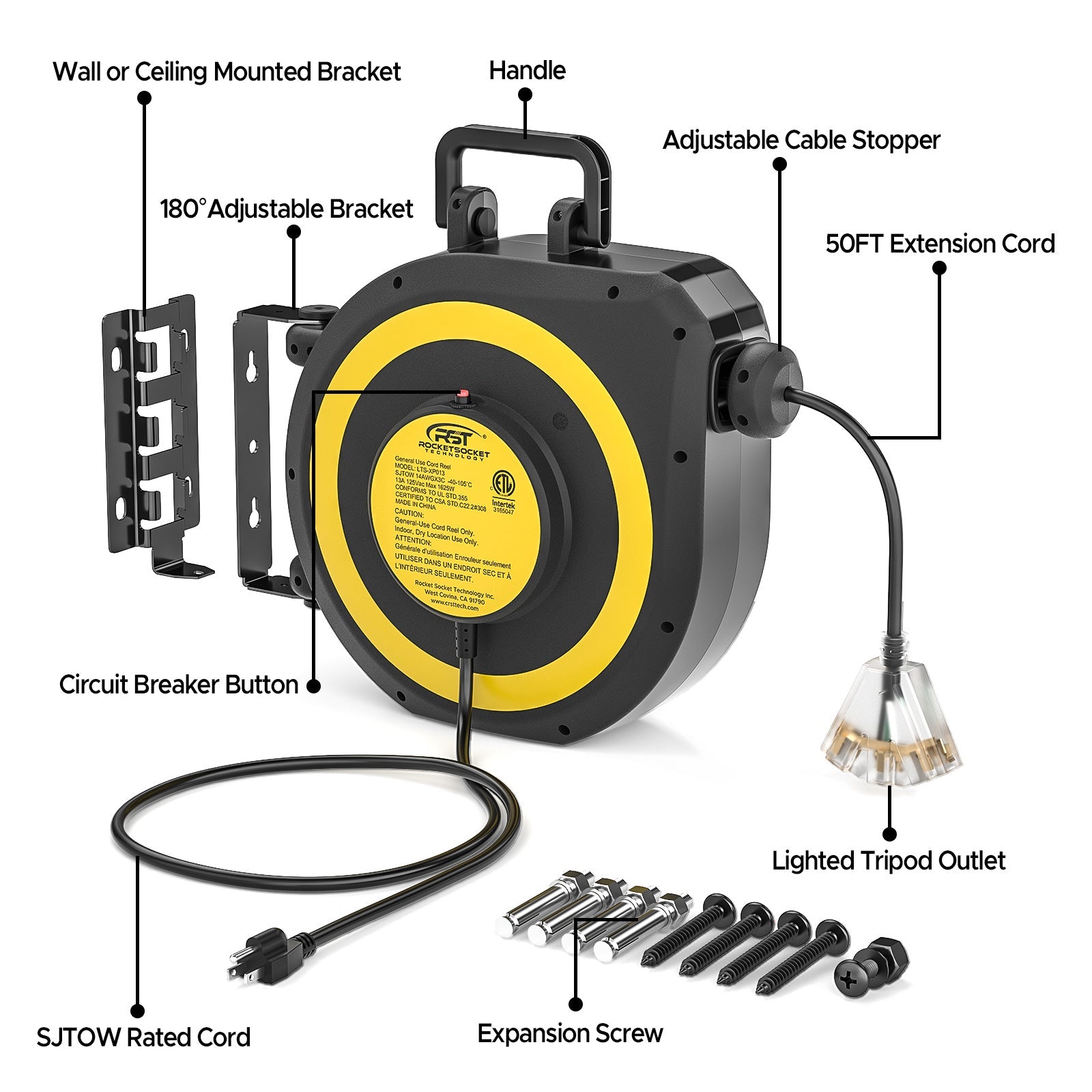 CRST 50ft Retractable Extension Cord Reel - 14AWG Heavy Duty, Lighted 3-Outlet Tap, 180° Swivel Mount, UL Listed