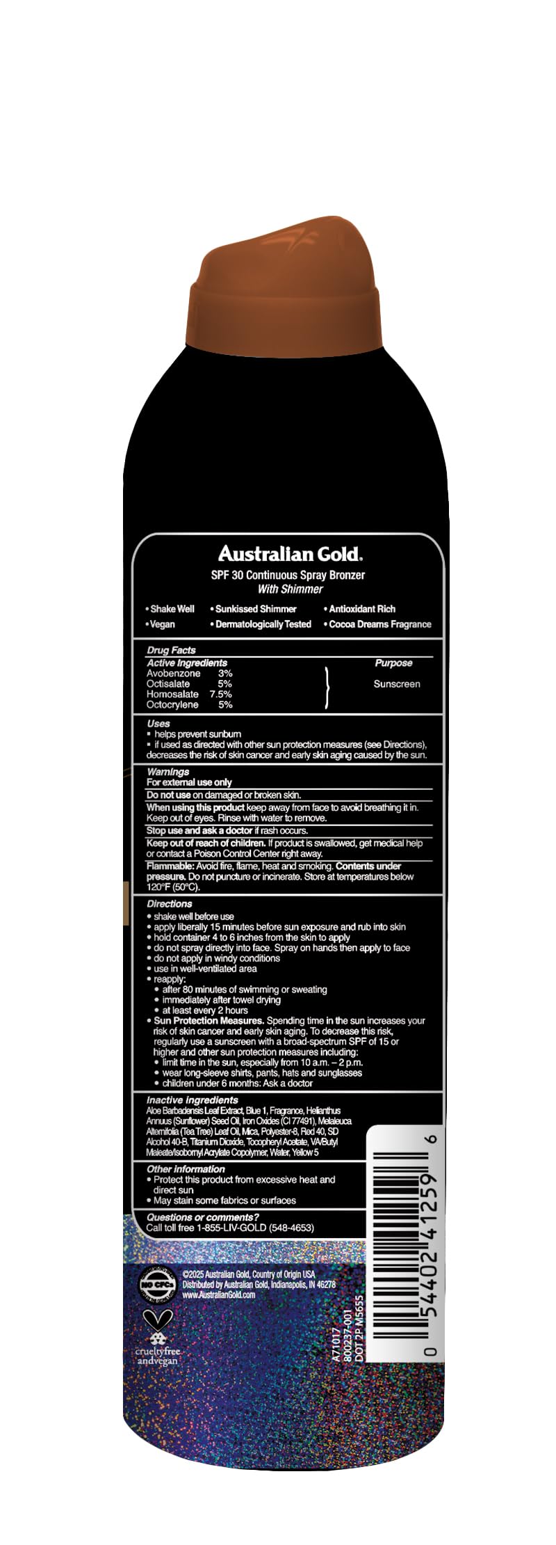 Australian Gold Continuous Spray Sunscreen with Instant Bronzer SPF 15, Immediate Glow & Dries Fast, Broad Spectrum, Water Resistant, Non-Greasy, Oxybenzone Free, Cruelty Free, 6 Ounce