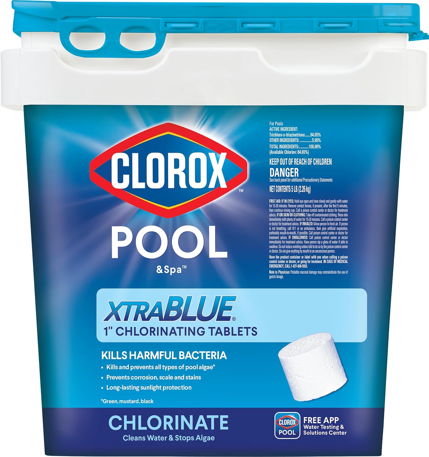 Clorox® Pool&Spa™ XtraBlue 1” Swimming Pool Chlorinating Tablets, Kills Bacteria & Stops Algae, Perfect for Small Pools (5 LB)