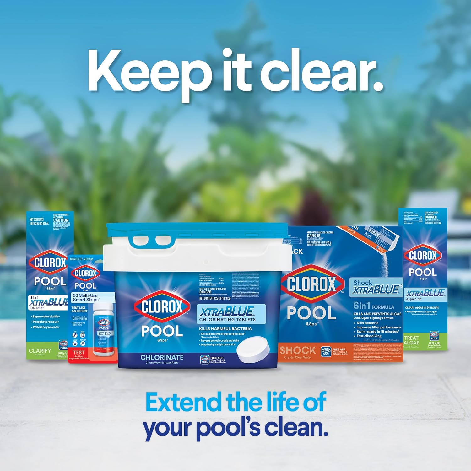 Clorox® Pool&Spa™ XtraBlue 1” Swimming Pool Chlorinating Tablets, Kills Bacteria & Stops Algae, Perfect for Small Pools (5 LB)