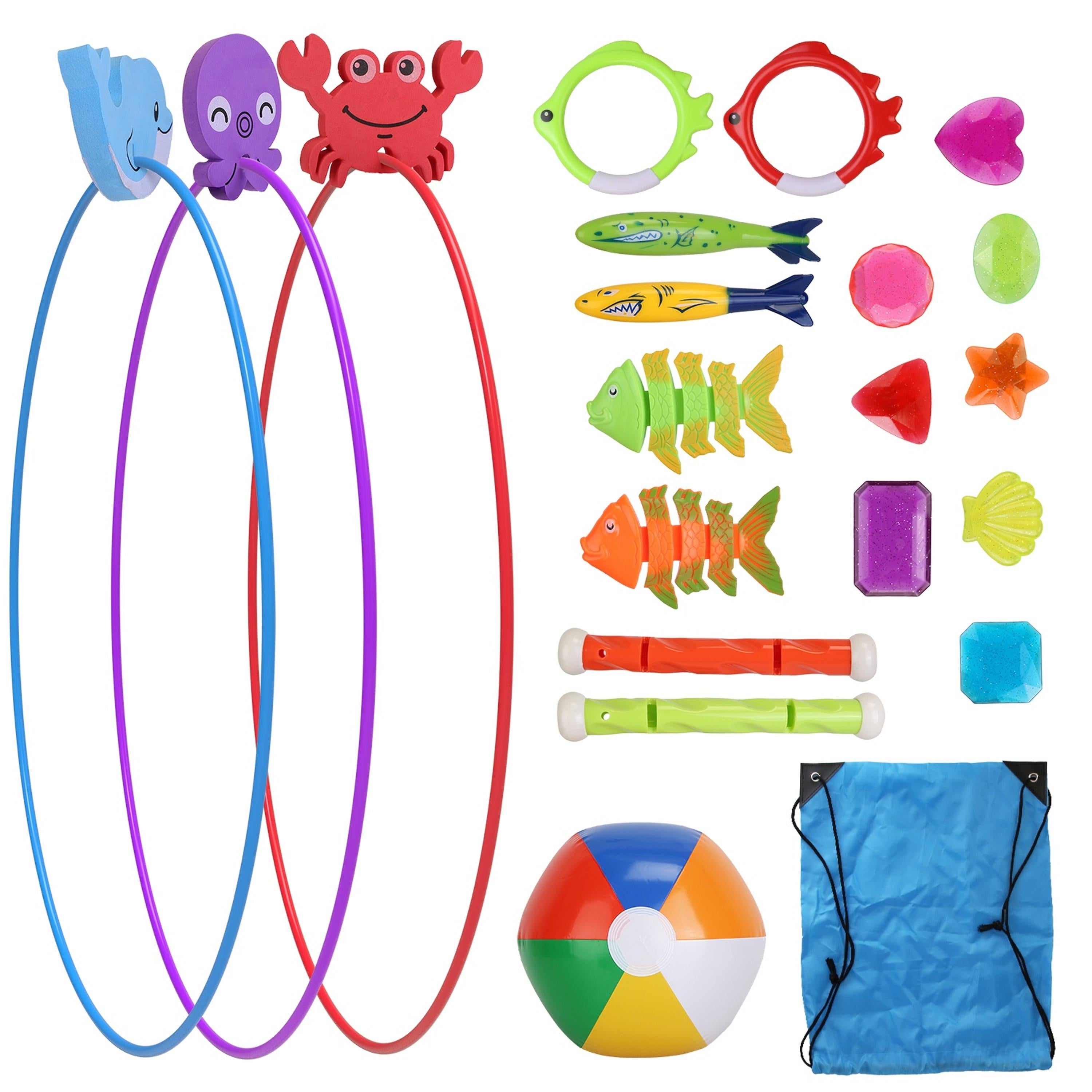 24Pcs Diving Toys, Pool Toys for Kids, Swim Thru Rings, Torpedoes, Gems